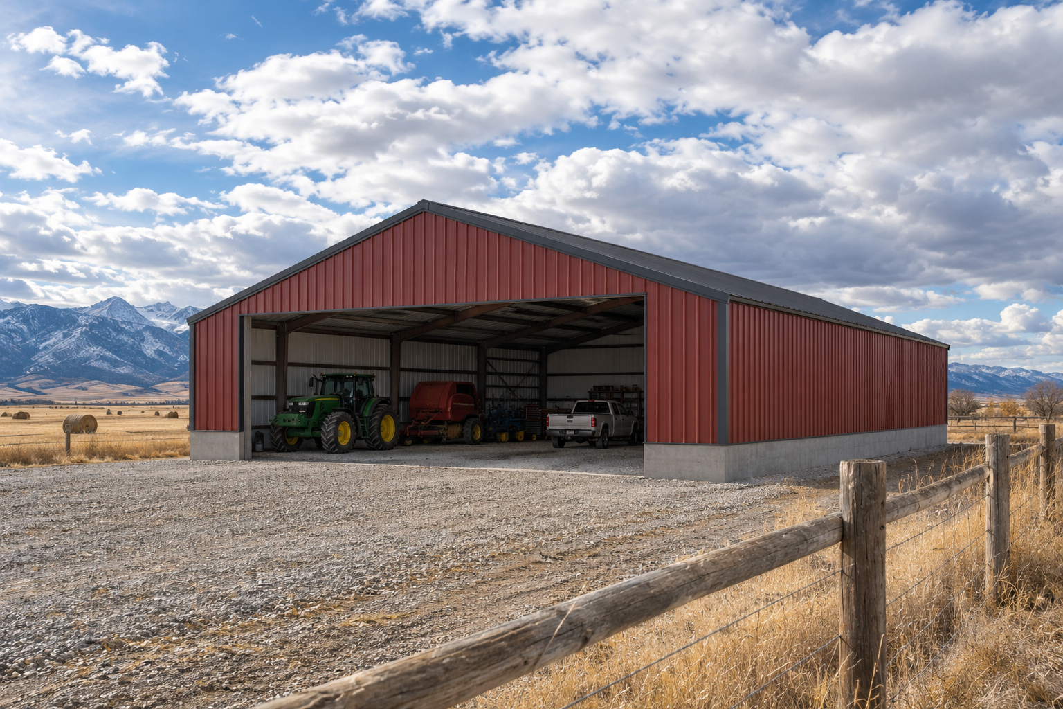 Agricultural steel storage shed for farm and ranch equipment