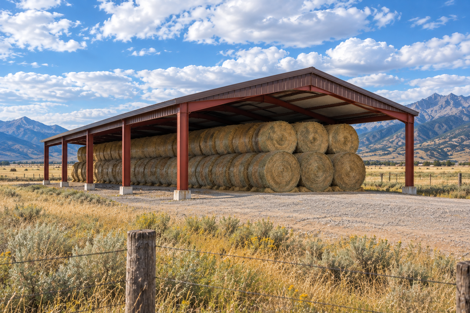 Steel building hay shed with open front