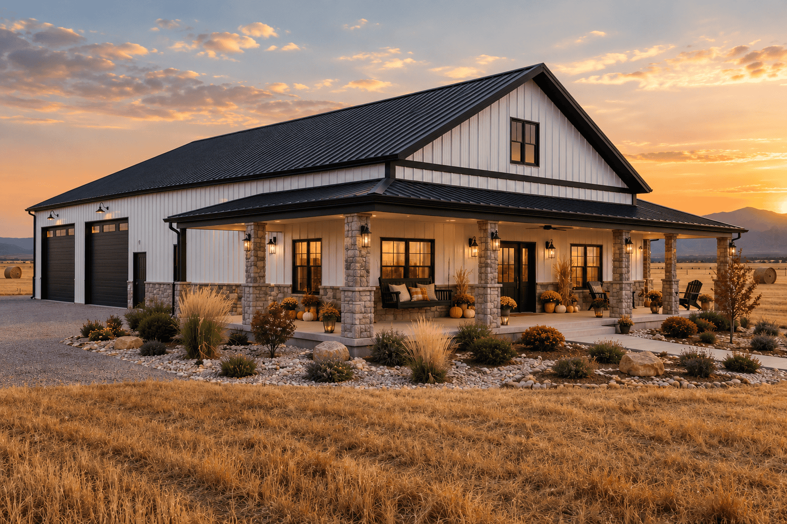 Concept rendering of a steel barndominium with a stone-column front porch