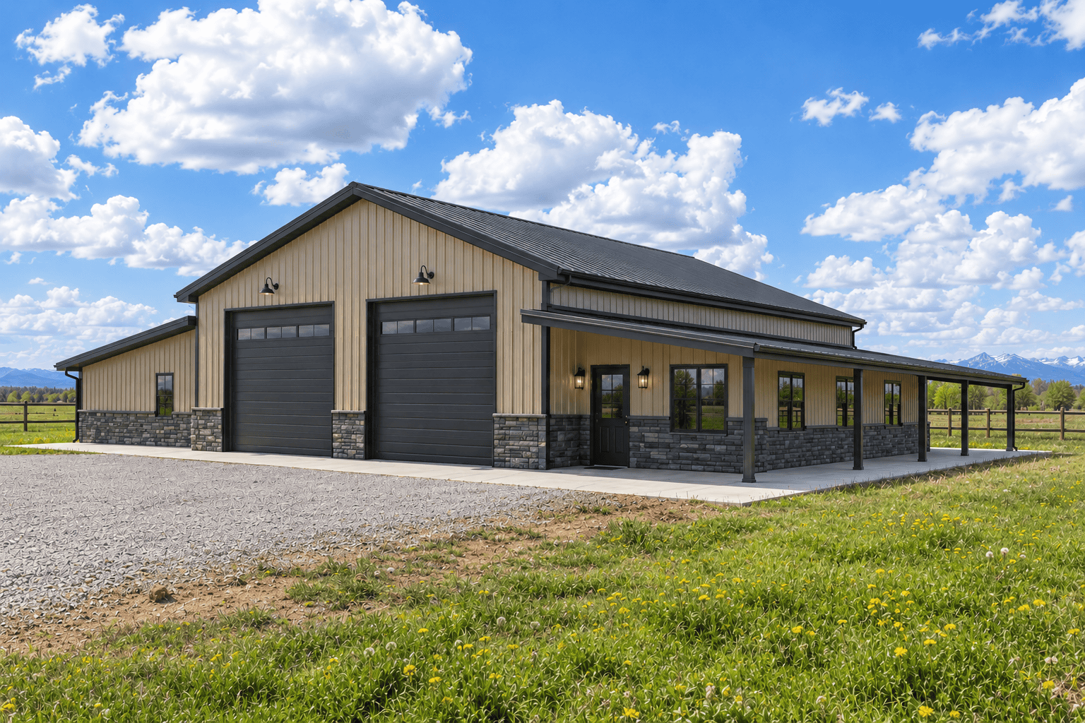 Concept rendering of a steel barndominium shop house with a covered porch