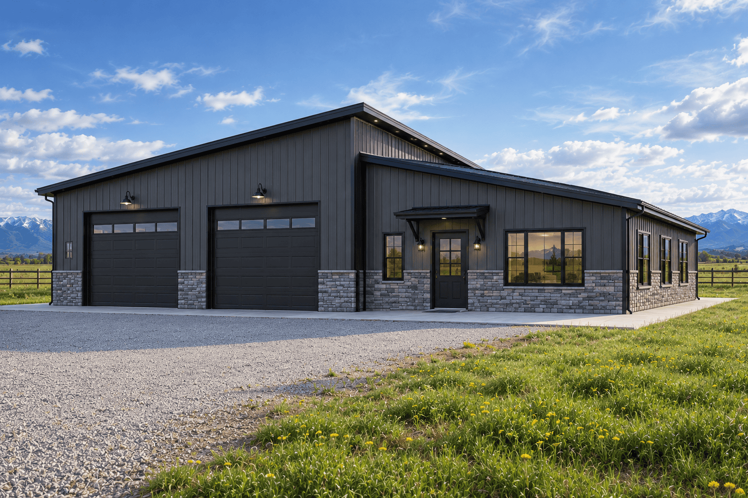Concept rendering of a steel barndominium with two overhead doors and stone accents