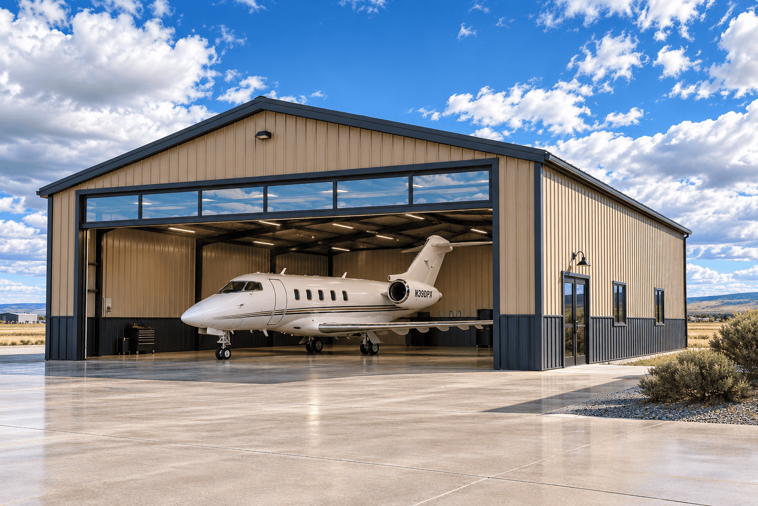 Concept rendering of a steel aircraft hangar building