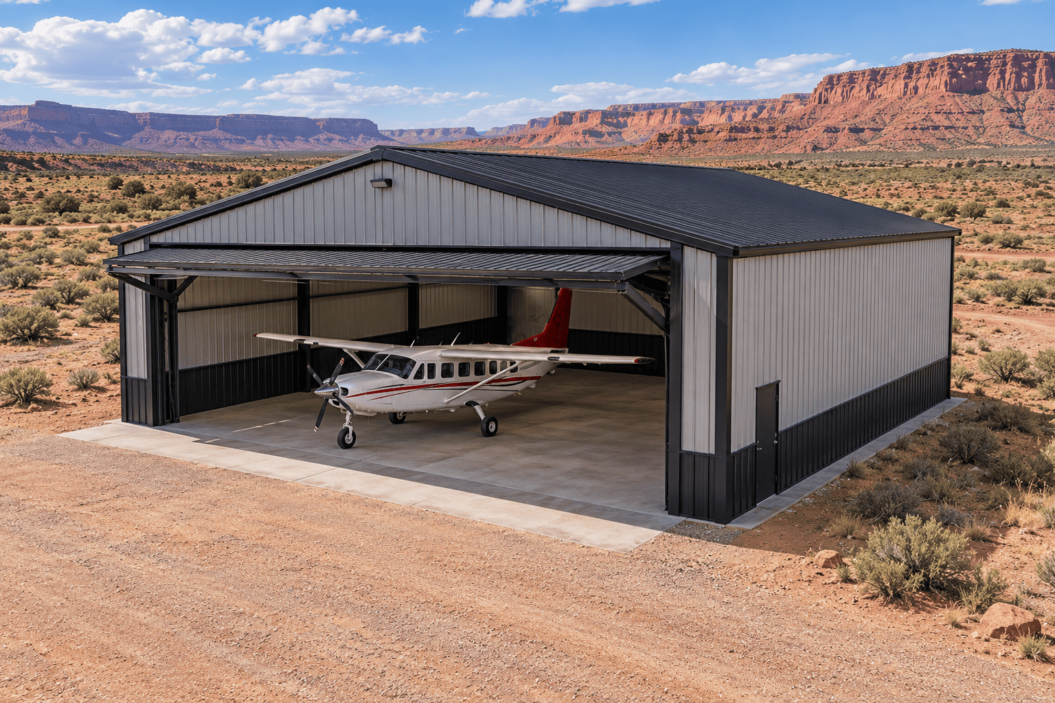 Concept rendering of a steel aircraft hangar