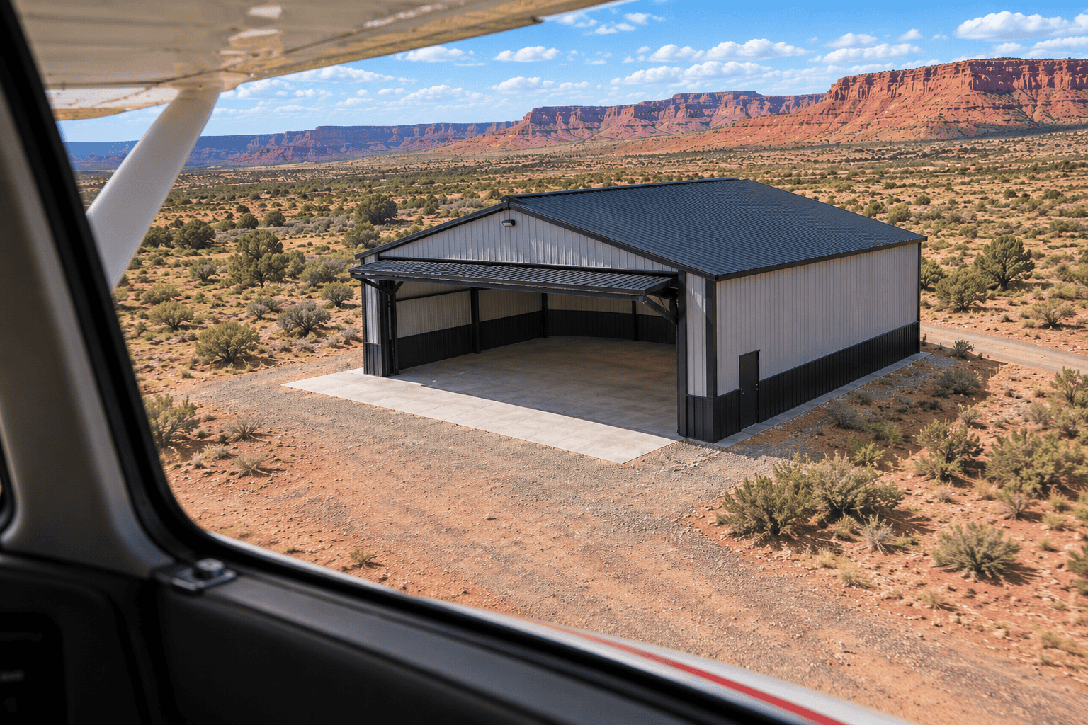 Concept rendering of a steel hangar with large door opening